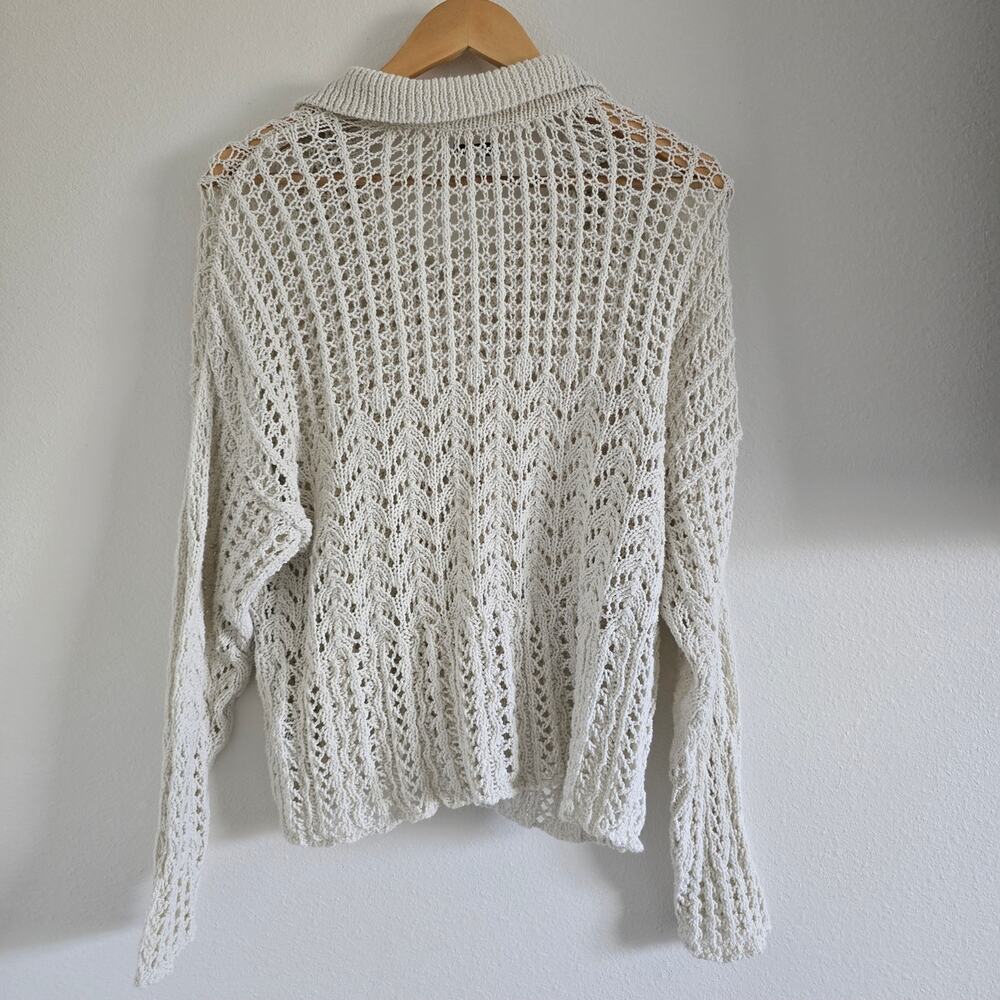 American Eagle Crochet Open Knit Polo Shirt Size M Cream Tassel Cottage Beachy - Picture 5 of 9